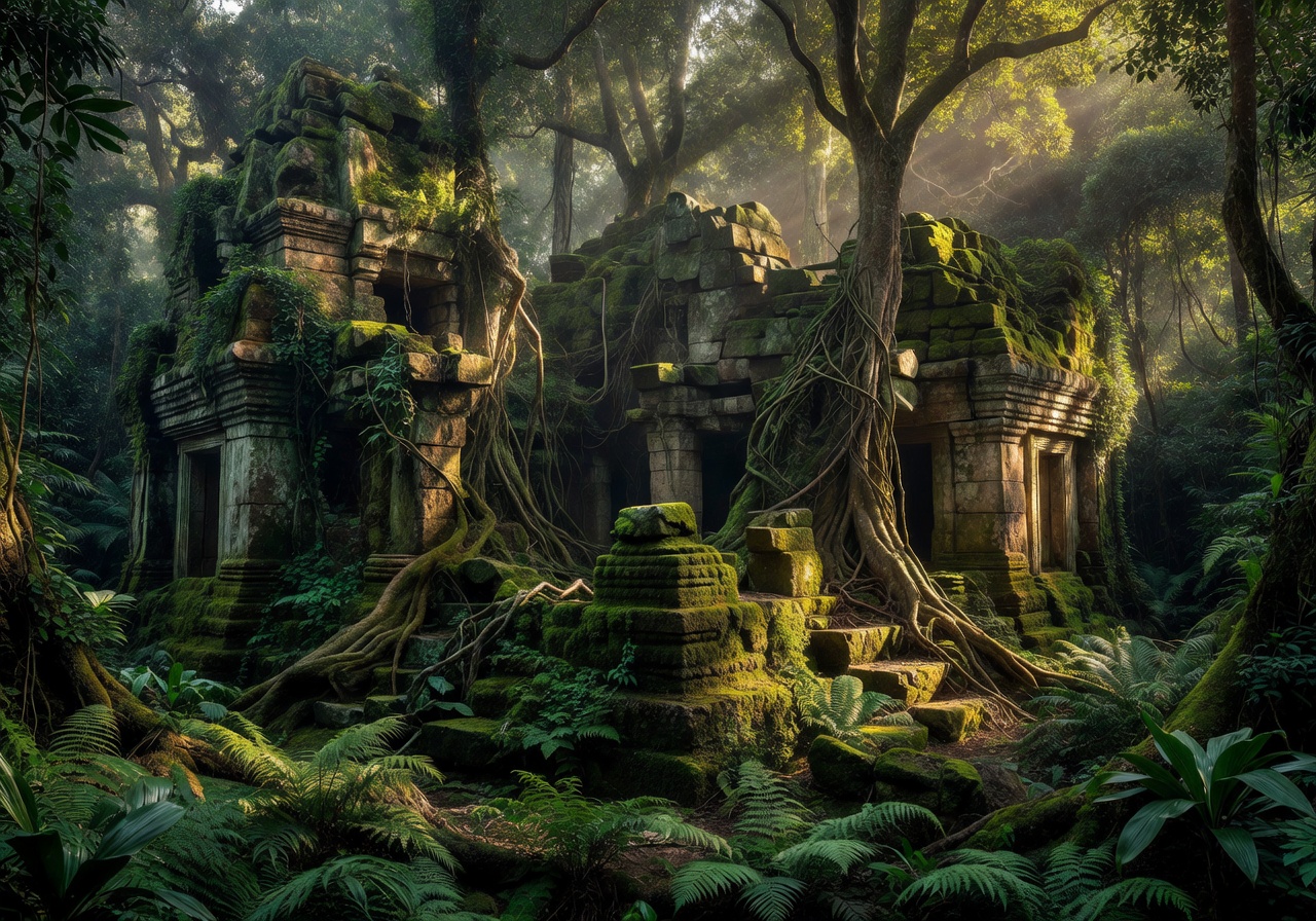 Ancient Jungle Ruins Overgrown with Nature
